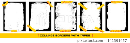 Frame and fashion photo border with funky yellow tape for grunge zine poster. Rough rectangle edge and worn ink paper element collection. Vector frame set as fashion magazine layout isolated Frame and fashion photo border with funky yellow tape for grunge zine poster. Rough rectangle edge and worn ink paper element collection. Vector frame set as fashion magazine layout isolated 141391457