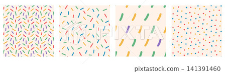Small dash and polka dot in sprinkle seamless pattern set with random scattered confetti. Cute mini lines pieces on beige for birthday card. Rainbow vector small dash aop prints pack isolated Small dash and polka dot in sprinkle seamless pattern set with random scattered confetti. Cute mini lines pieces on beige for birthday card. Rainbow vector small dash aop prints pack isolated 141391460