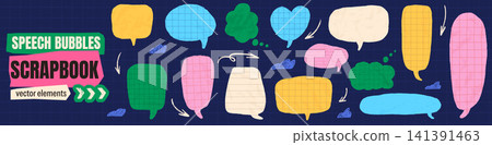 Colorful paper speech bubble cutout with chat and school text frame for kid scrapbook. Yellow, pink dialogue clouds with doodle arrows and callout. Vector talk speech bubbles set on blue background Colorful paper speech bubble cutout with chat and school text frame for kid scrapbook. Yellow, pink dialogue clouds with doodle arrows and callout. Vector talk speech bubbles set on blue background 141391463