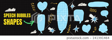 Crumpled paper speech bubble set with grid math texture for kid scrapbook. Doodle dialogue boxes with torn notebook shapes and arrows. Blue vector speech bubble icons for school sticker and promo bg Crumpled paper speech bubble set with grid math texture for kid scrapbook. Doodle dialogue boxes with torn notebook shapes and arrows. Blue vector speech bubble icons for school sticker and promo bg 141391464