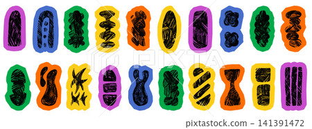 Bold callout shape stickers with crayon doodle for funky zine poster. Vibrant purple and orange abstract figures and scallop wavy cutout edges. Vector geometric sticker set in bold callout label Bold callout shape stickers with crayon doodle for funky zine poster. Vibrant purple and orange abstract figures and scallop wavy cutout edges. Vector geometric sticker set in bold callout label 141391472