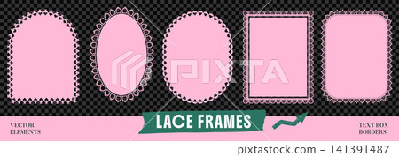 Elegant lace frames with scallop border pattern for text box. Cute oval and rectangle shapes, floral heart edge in pink. Vector frame set on dark checkered bg as transparent png Elegant lace frames with scallop border pattern for text box. Cute oval and rectangle shapes, floral heart edge in pink. Vector frame set on dark checkered bg as transparent png 141391487