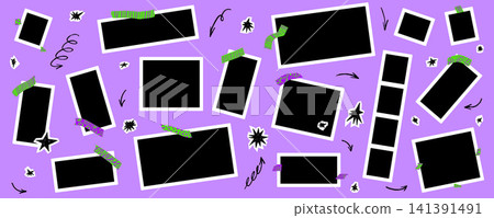 Photo frame collage set mixes tilted placeholders with patterned tape and doodle stars. Green accents and black inserts pop on purple. Playful vector photo frame collection for social media or school Photo frame collage set mixes tilted placeholders with patterned tape and doodle stars. Green accents and black inserts pop on purple. Playful vector photo frame collection for social media or school 141391491