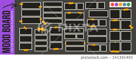 Moodboard layout set arranges photo placeholders as modular grids with tape corners. Structured vector mood board photo collection for presentation design or idea brainstorming or promotion Moodboard layout set arranges photo placeholders as modular grids with tape corners. Structured vector mood board photo collection for presentation design or idea brainstorming or promotion 141391493