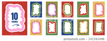 Message frame with promo wavy rectangle for groovy quote text box and bold sale banner. Scalloped border and doodle photo clip mask. Vector quotation frames set for school collage album or promo tag Message frame with promo wavy rectangle for groovy quote text box and bold sale banner. Scalloped border and doodle photo clip mask. Vector quotation frames set for school collage album or promo tag 141391496