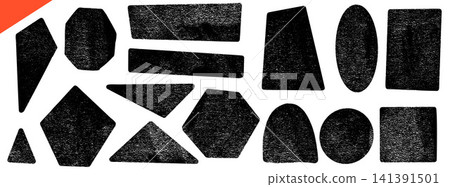 Grunge geometric shapes with rough ink and linocut grain texture. Dark grunge shape set with brush frame including triangle, diamond, arch and oval. Hand drawn vector elements for sticker and tag 141391501