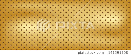 Golden background with neat circular holes and metallic depth. Flowing highlights form broad waves across the golden surface. Vector background of perforated brass for poster design or presentation Golden background with neat circular holes and metallic depth. Flowing highlights form broad waves across the golden surface. Vector background of perforated brass for poster design or presentation 141391508