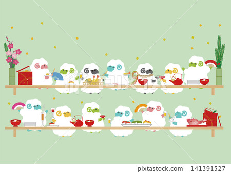 2027 Year of the Sheep - New Year's card illustration featuring a feast of sheep (the zodiac animal). 141391527