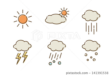 天氣圖示集:晴天、多雲、雨天、雷暴、雨夾雪、雪 天氣圖示集:晴天、多雲、雨天、雷暴、雨夾雪、雪 141391538