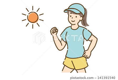 一位戴著帽子的女子正在慢跑。 一位戴著帽子的女子正在慢跑。 141391540