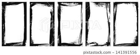 Black ink paint frame set with brushy borders and rough vignette edges. Punk paint and urban story frame on white backdrop. Vector rough collage elements for gritty gig poster or social media carousel Black ink paint frame set with brushy borders and rough vignette edges. Punk paint and urban story frame on white backdrop. Vector rough collage elements for gritty gig poster or social media carousel 141391556