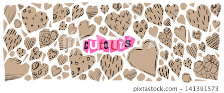 Heart paper cutout with craft collage and scrapbook sticker shape icon. Beige hearts on white as hand drawn pattern doodle for journal. Vector scissors papercuts graphic pack with torn edge isolated Heart paper cutout with craft collage and scrapbook sticker shape icon. Beige hearts on white as hand drawn pattern doodle for journal. Vector scissors papercuts graphic pack with torn edge isolated 141391573