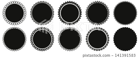 Round lace doily frames with scallop border for sticker and label. Black circle pattern edge in gothic lace silhouette and floral detail. Vector frame set with noir crochet detail isolated on white Round lace doily frames with scallop border for sticker and label. Black circle pattern edge in gothic lace silhouette and floral detail. Vector frame set with noir crochet detail isolated on white 141391583