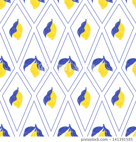 Seamless pattern with lemon, leaf and geometric argyle on white. Citrus fruit and floral repeat print for summer italian frame poster. Vector lemon aop pattern with hand drawn fruit food motif Seamless pattern with lemon, leaf and geometric argyle on white. Citrus fruit and floral repeat print for summer italian frame poster. Vector lemon aop pattern with hand drawn fruit food motif 141391585