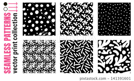 Wild abstract organic pattern set with seamless doodle shapes. White polka dots and coral doodles on black for print publication. Vector collection of abstract cells with organic monochrome peas Wild abstract organic pattern set with seamless doodle shapes. White polka dots and coral doodles on black for print publication. Vector collection of abstract cells with organic monochrome peas 141391601