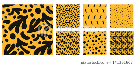 Bold organic silhouette seamless pattern set with small shapes and polka dots. Black coral doodles with dash lines on yellow. Vector collection of organic prints and silhouette motifs for wallpaper 141391602