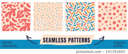 Festive doodle pattern set with organic coral shapes and confetti dot. Red and blue sprinkle dashes in sweet multi color. Vector collection of doodle kid prints with wave pattern motifs for wallpaper Festive doodle pattern set with organic coral shapes and confetti dot. Red and blue sprinkle dashes in sweet multi color. Vector collection of doodle kid prints with wave pattern motifs for wallpaper 141391603
