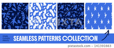 Crayon star seamless pattern and fluffy cloud doodle tossed across a dark night sky for kid room decor. Seamless blue clouds and scribbled stars on blue. Hand drawn vector pattern with celestial motif Crayon star seamless pattern and fluffy cloud doodle tossed across a dark night sky for kid room decor. Seamless blue clouds and scribbled stars on blue. Hand drawn vector pattern with celestial motif 141391663