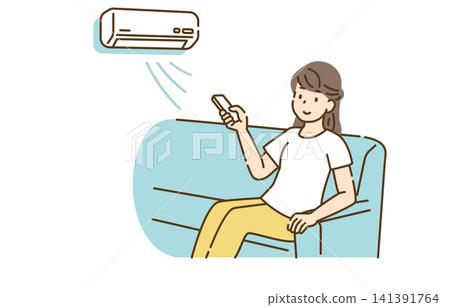 woman operating air conditioner woman operating air conditioner 141391764