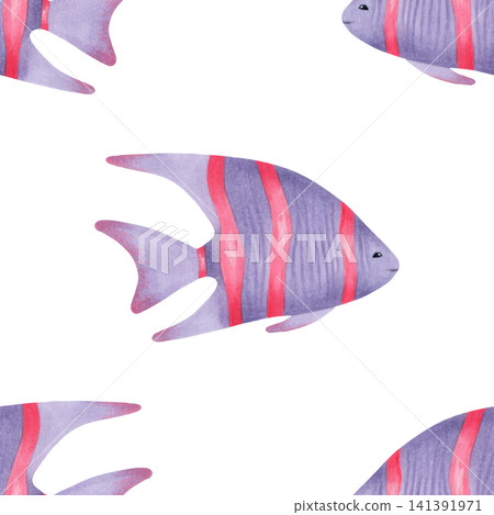 Seamless pattern watercolor childrens illustration of angelfish. Hand-drawn sea animal would for a nursery or baby shower. Cartoon sketch of underwater angel fish makes background, wallpaper. Seamless pattern watercolor childrens illustration of angelfish. Hand-drawn sea animal would for a nursery or baby shower. Cartoon sketch of underwater angel fish makes background, wallpaper. 141391971