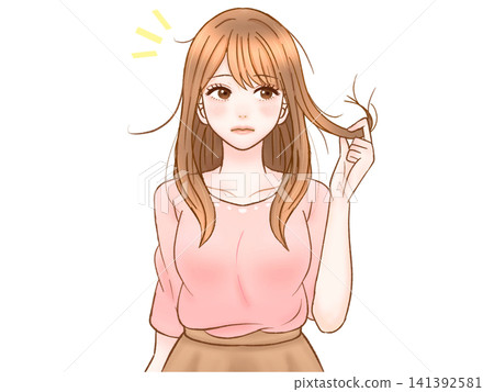 Illustration 4 of an adult woman concerned about damaged hair and split ends Illustration 4 of an adult woman concerned about damaged hair and split ends 141392581