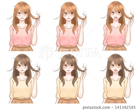 A set of illustrations for adult women concerned about damaged hair and split ends (4 illustrations) 141392585