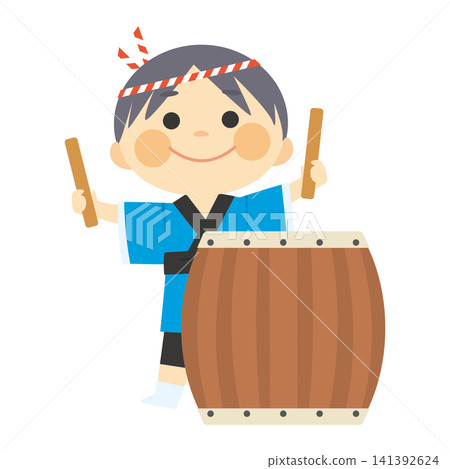 A child in a happi coat playing a Japanese drum. A child in a happi coat playing a Japanese drum. 141392624