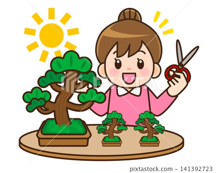 Illustration of a woman growing bonsai Illustration of a woman growing bonsai 141392723