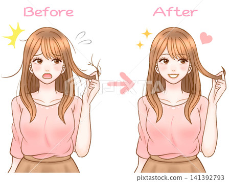 Illustration of an adult woman improving the hair quality of damaged hair. Illustration of an adult woman improving the hair quality of damaged hair. 141392793