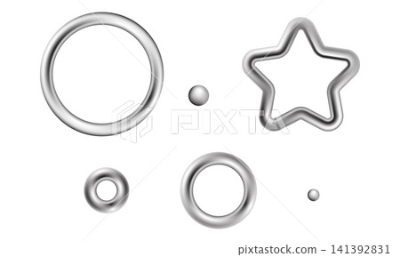 Elegant 3D silver metallic shapes set featuring glossy chrome rings, a rounded star, and liquid metal spheres, perfect for modern UI, poster design, and trendy Y2K style graphics. Elegant 3D silver metallic shapes set featuring glossy chrome rings, a rounded star, and liquid metal spheres, perfect for modern UI, poster design, and trendy Y2K style graphics. 141392831