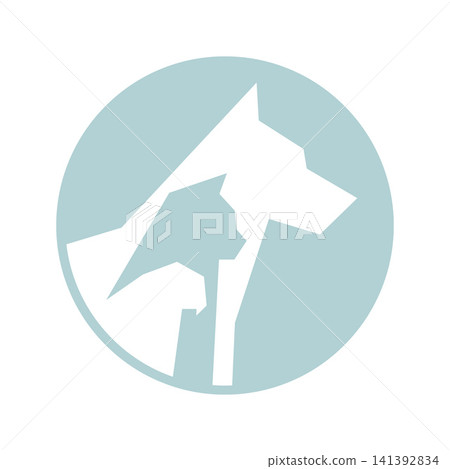 Modern minimalist vector icon featuring negative space silhouettes of a dog, cat, and bird in a soft blue circle. Ideal for veterinary, pet care, and animal shelter branding. 141392834