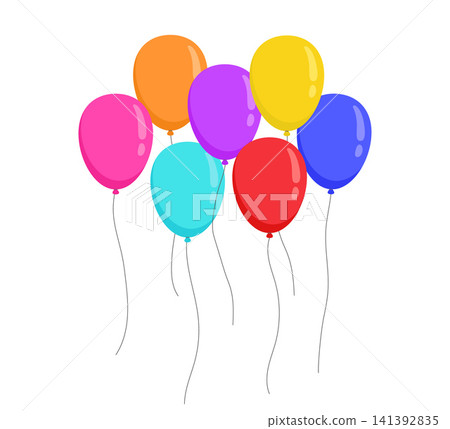 Bright vector illustration of a colorful bunch of shiny helium balloons. Perfect for party invitations, birthday cards, and festive celebration designs. Isolated on a white background. Bright vector illustration of a colorful bunch of shiny helium balloons. Perfect for party invitations, birthday cards, and festive celebration designs. Isolated on a white background. 141392835