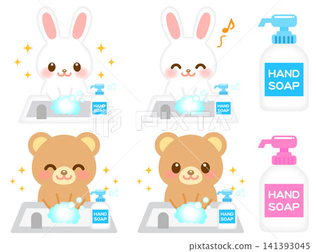 洗手的熊和兔子插圖套裝 3 洗手的熊和兔子插圖套裝 3 141393045