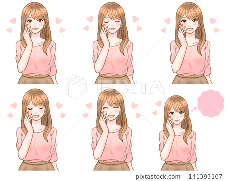 A set of illustrations of an adult woman with her hand on her cheek, looking blissful. A set of illustrations of an adult woman with her hand on her cheek, looking blissful. 141393107