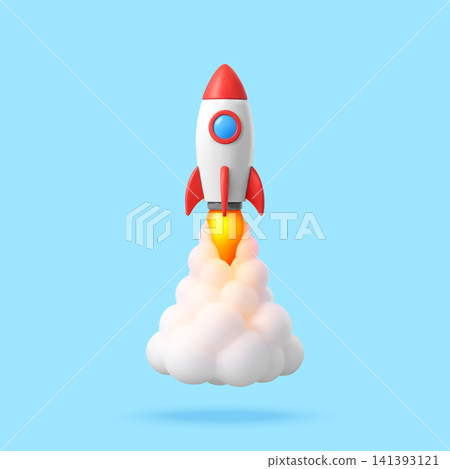 3D Rocket ship launching upward with smoke cloud. 3D Rocket ship launching upward with smoke cloud. 141393121