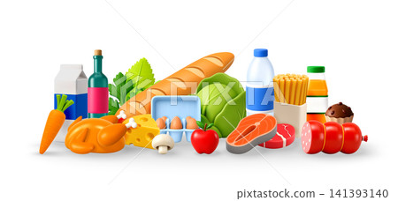 3D Grocery assortment with fresh food and drink 141393140