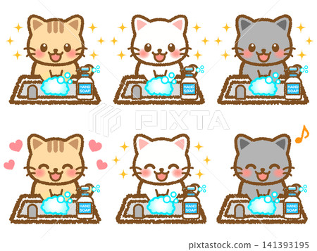 Hand-washing cat illustration set 2 Hand-washing cat illustration set 2 141393195