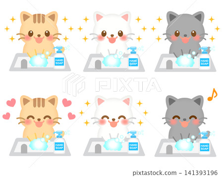 Cat washing its hands illustration set 3 Cat washing its hands illustration set 3 141393196