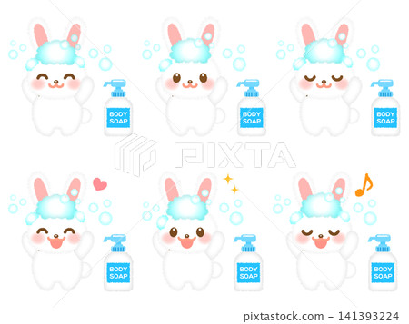 Rabbit washing its head illustration set 4 Rabbit washing its head illustration set 4 141393224