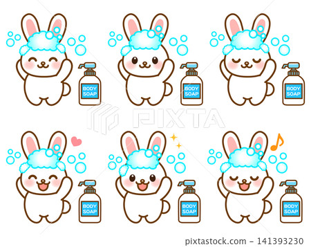 A set of illustrations of a rabbit washing its head. A set of illustrations of a rabbit washing its head. 141393230