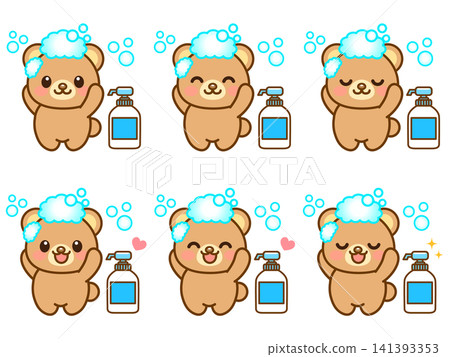 A set of 5 illustrations of a bear washing its head. A set of 5 illustrations of a bear washing its head. 141393353