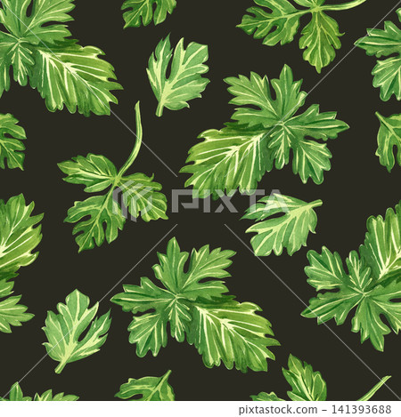 Watercolor seamless pattern with hand drawn green parsley leaves on dark background. Botanical illustration of culinary herbs for food design, textile print and wallpaper decor. 141393688