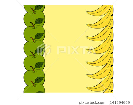 apple and banana Seamless vertical border frame template colored hand drawn illustration. Vector graphic line ink art. background for banners, print fabric, labels, t-shirt printing. holiday banner apple and banana Seamless vertical border frame template colored hand drawn illustration. Vector graphic line ink art. background for banners, print fabric, labels, t-shirt printing. holiday banner 141394669
