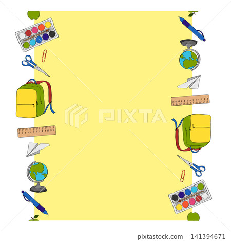Back-to-school themed border. education elementary School Seamless vertical border frame template colored hand drawn illustration. Vector graphic line ink art. For logo, web, package, sticker. Back-to-school themed border. education elementary School Seamless vertical border frame template colored hand drawn illustration. Vector graphic line ink art. For logo, web, package, sticker. 141394671