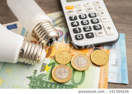 Light bulb and euro money for electric price. Light bulb and euro money for electric price. 141394836