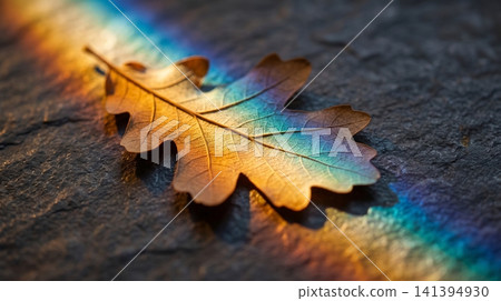 Single dried oak leaf illuminated by a vibrant prism rainbow light beam on dark stone with surface while prismatic displays single brown leaf resting textured Single dried oak leaf illuminated by a vibrant prism rainbow light beam on dark stone with surface while prismatic displays single brown leaf resting textured 141394930