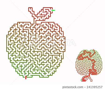 Apple shaped maze puzzle with solution path, colorful gradient labyrinth game for kids and adults, educational brain teaser isolated on white background. Apple shaped maze puzzle with solution path, colorful gradient labyrinth game for kids and adults, educational brain teaser isolated on white background. 141395257