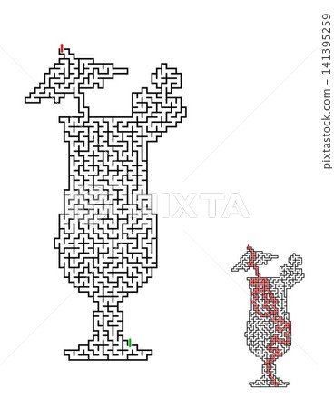 Maze in the shape of a summer cocktail with a straw and umbrella with a solution, a labyrinth for children and adults, an educational puzzle, isolated on a white background. 141395259