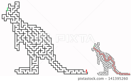 kangaroo maze puzzle with a solution, isolated on a white background. A fun printable puzzle for kids and adults, an educational activity, logic game, and worksheet. 141395260