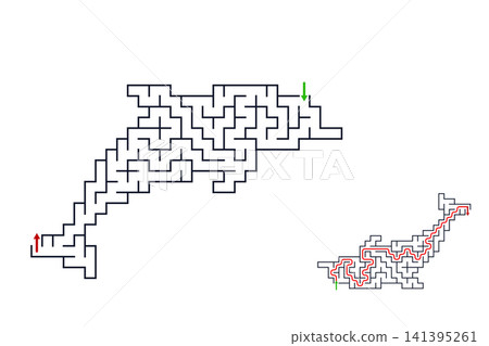 dolphin maze puzzle with a solution guide, isolated on a white background. A fun printable puzzle for kids and adults. It's an educational activity, logic game, and worksheet. dolphin maze puzzle with a solution guide, isolated on a white background. A fun printable puzzle for kids and adults. It's an educational activity, logic game, and worksheet. 141395261